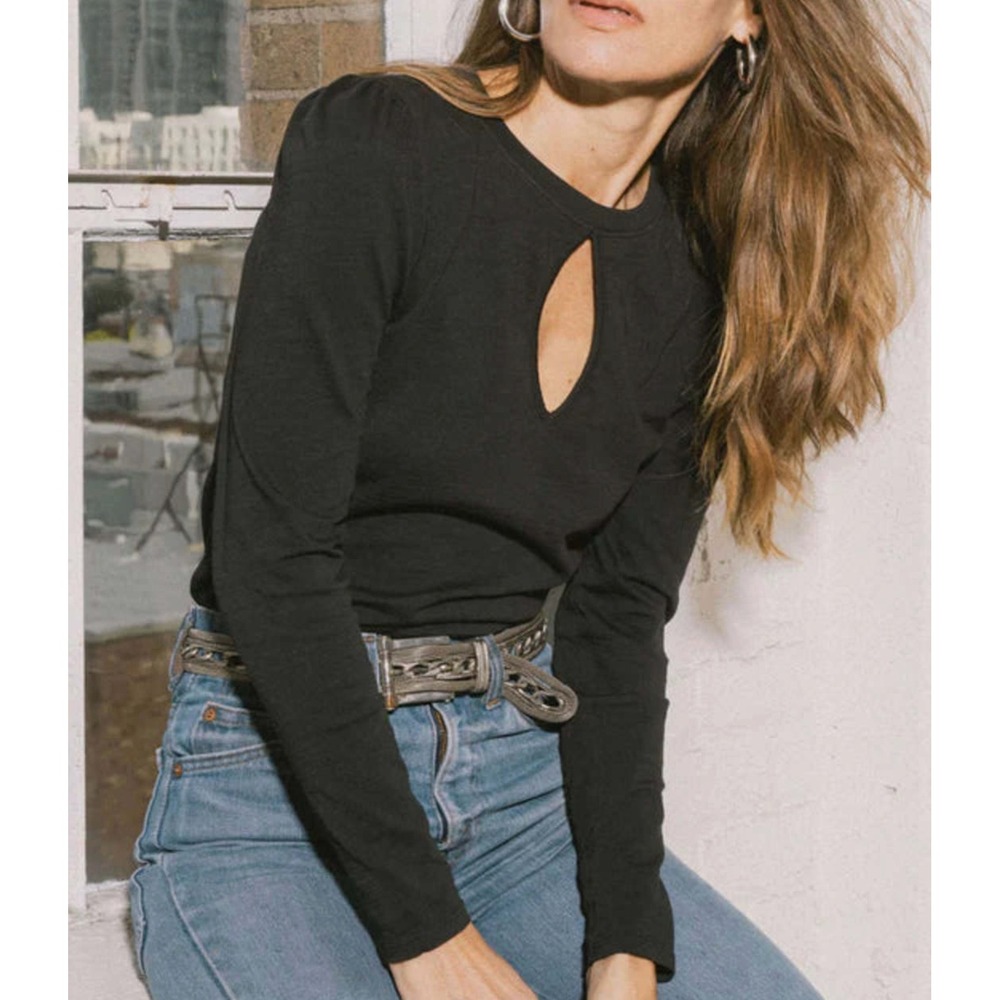 Nation LTD Dania Tee Keyhole Jet Black Cotton Puff Sleeve Tee Top Size S